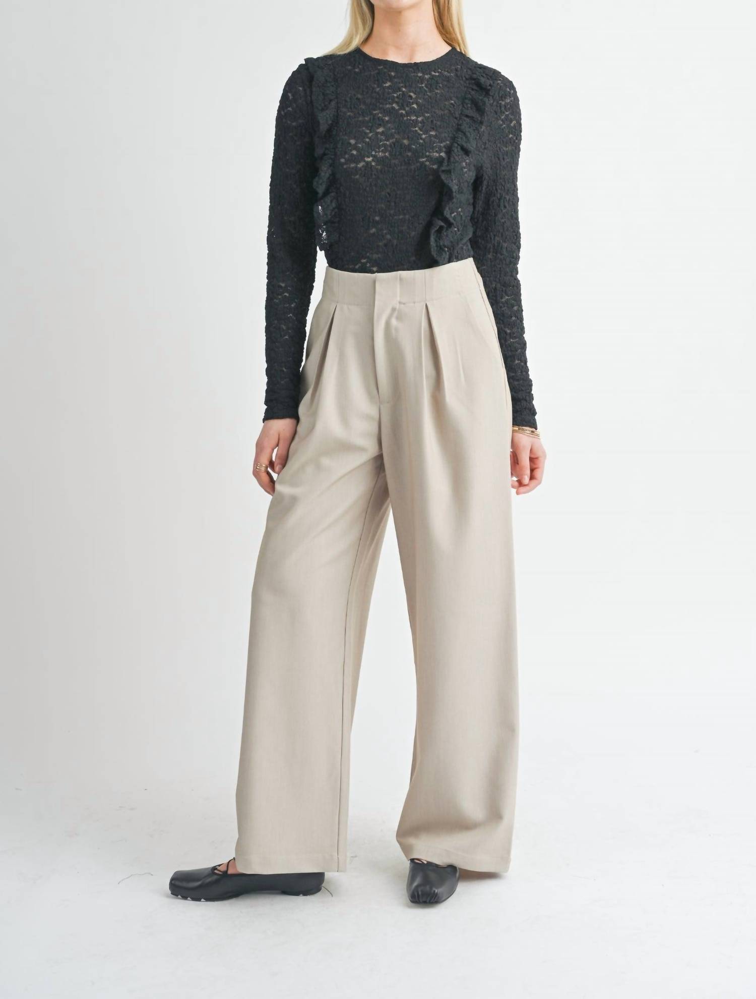 New Sage The Label Take Action Pleated Wide Leg Trouser In Beige